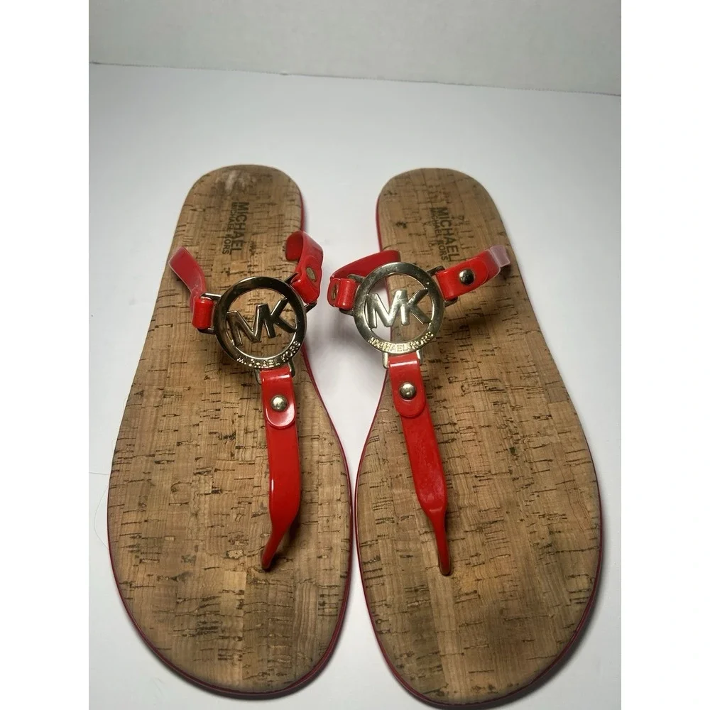 Michael Kors‎ Charm Jelly Women Thong Sandals Red Gold MK Logo Cork PVC Sz 11